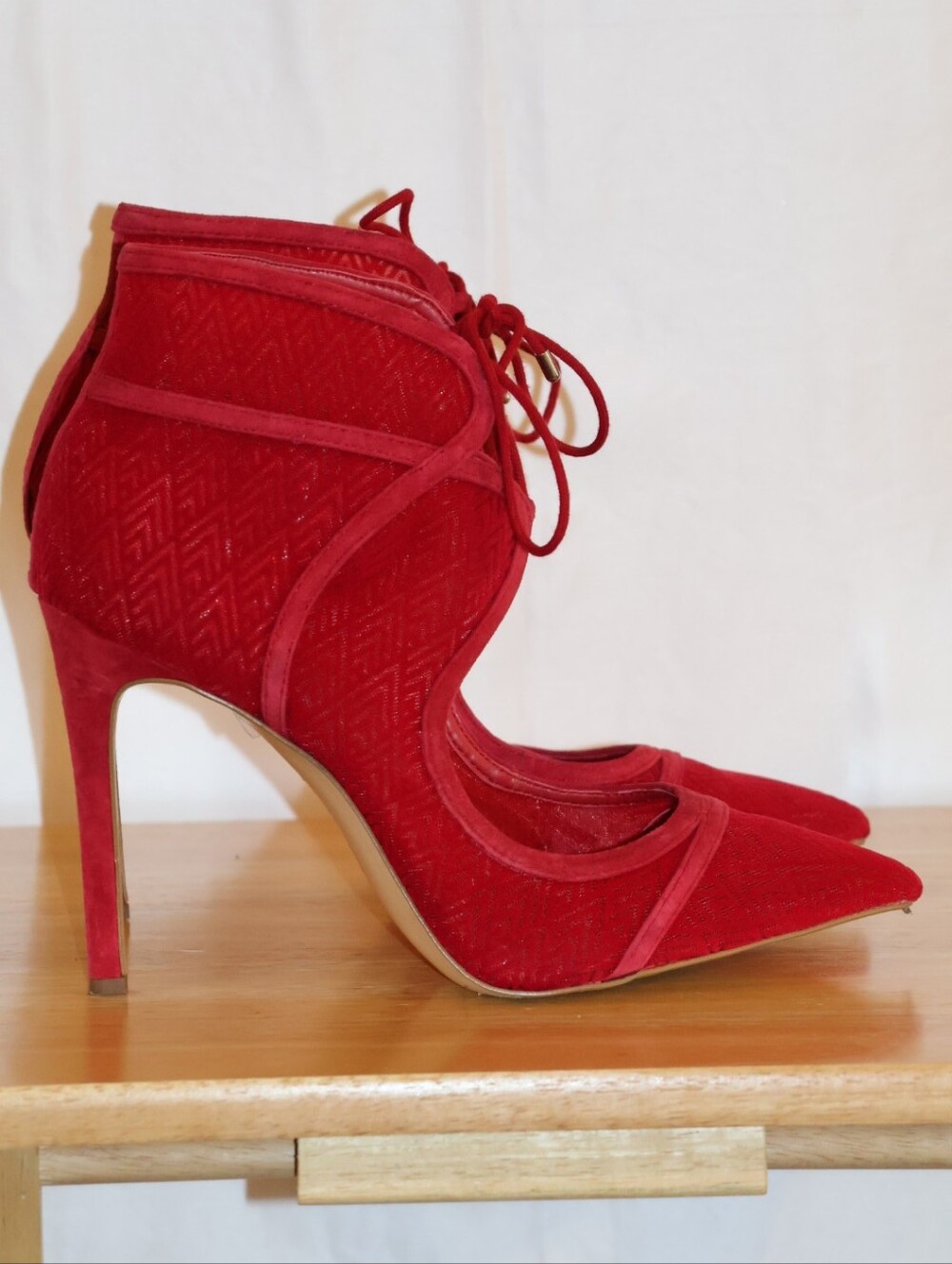 Gianni Bini Red Lace-Up Pointed Toe Stiletto Ankle Booties - Picture 3 of 13
